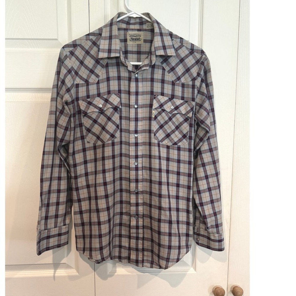 Vintage Levis Plaid Western Cowboy Shirt Men Pearlized Button Long Sleeve